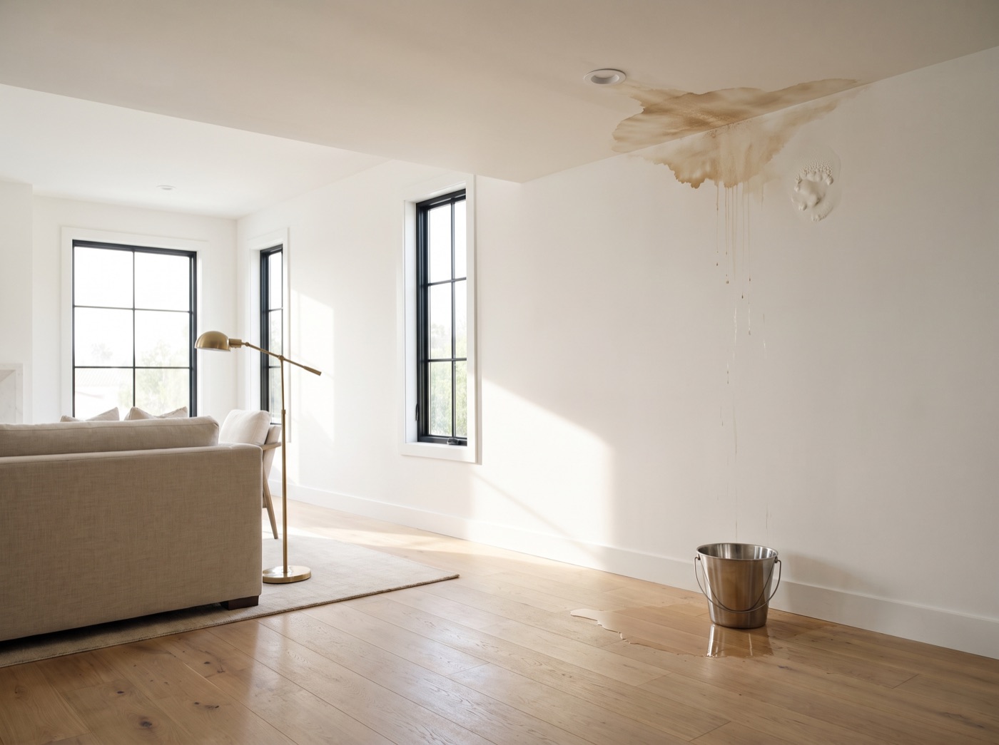 Ceiling water stain and peeling paint caused by a roof leak