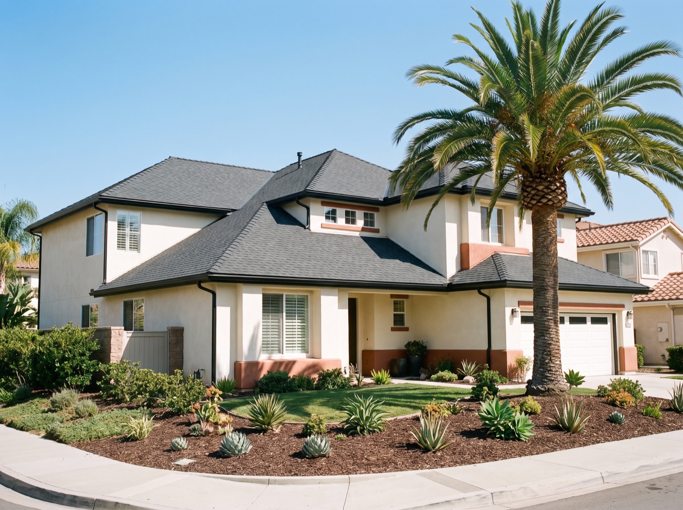 Newly replaced architectural shingle roof on a home in Los Angeles or Orange County