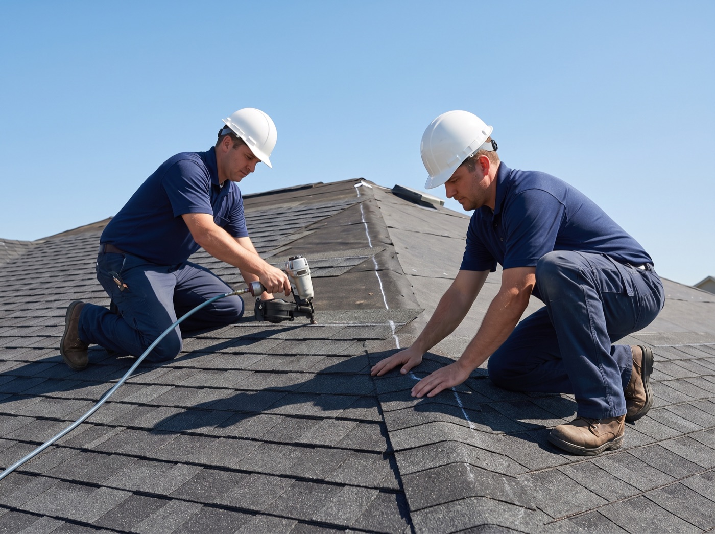 The Roofing Pro crew installing new architectural shingles on a home in Los Angeles or Orange County